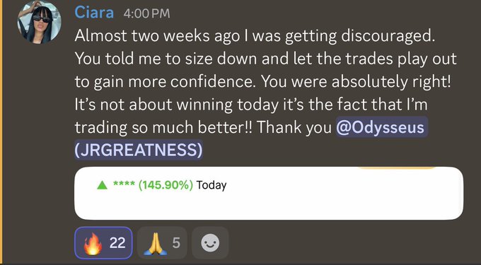A Discord message from user 'Ciara' thanking '@Odysseus (JRGREATNESS)' for trading advice, showing a 145.90% gain for the day.