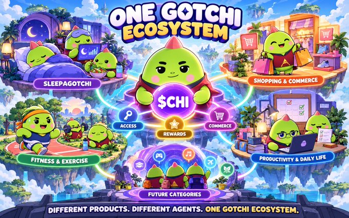 A promotional graphic for 'ONE GOTCHI ECOSYSTEM' features a central green character with '$CHI' surrounded by categories like 'SLEEPAGOTCHI' and 'SHOPPING & COMMERCE'.