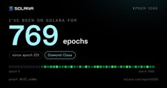 A dark Solana-themed graphic stating "I'VE BEEN ON SOLANA FOR 769 epochs" showing a Diamond Claws badge, with "EPOCH 1650" and "goat #413..xdtw" displayed at the bottom.