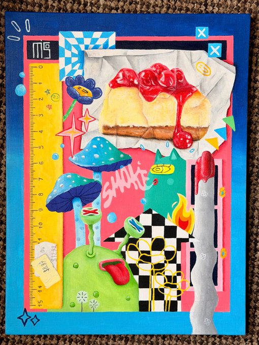 A colorful, eclectic collage-style artwork featuring a ruler, blue mushrooms, a strawberry cake with red dripping topping, checkered patterns, and the text 'SHUKT' and 'MS'.