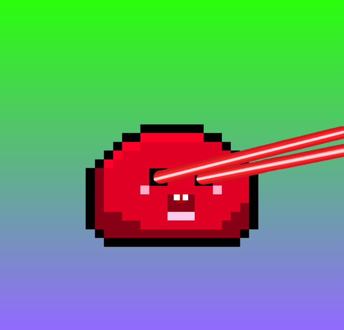A pixel-art red jellybean character with glowing red laser eyes is set against a green-to-purple gradient background, appearing to visually represent the post's theme of real-time activity and laser-focused attention driving secondary market volume for the $DROP NFT collection.