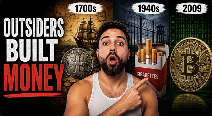 A YouTube-style thumbnail with the text 'OUTSIDERS BUILT MONEY' showing a surprised man pointing to a pack of cigarettes, alongside imagery of historical Spanish coins from the 1700s, a 1940s prison, and a 2009 Bitcoin coin.