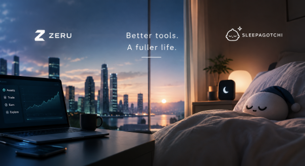 An advertisement displays 'ZERU' and 'SLEEPAGOTCHI' branding with the tagline 'Better tools. A fuller life.', set against a split background of a city skyline at dusk and a cozy bedroom with a small sleeping character device.