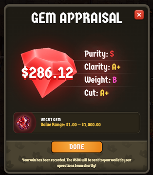 A screenshot of a 'GEM APPRAISAL' screen showing a red gem valued at $286.12 with Purity: S, Clarity: A+, Weight: B, and Cut: A+, labeled as an 'UNCUT GEM'.