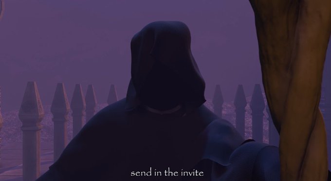 A hooded, shadowy figure stands shrouded in purple mist behind spiked fence posts, with the caption "send in the invite" displayed at the bottom. The dark, mysterious imagery aligns with the ritualistic and cleansing theme of the @ritualnet promotion, evoking an ominous invitation to join their cause.