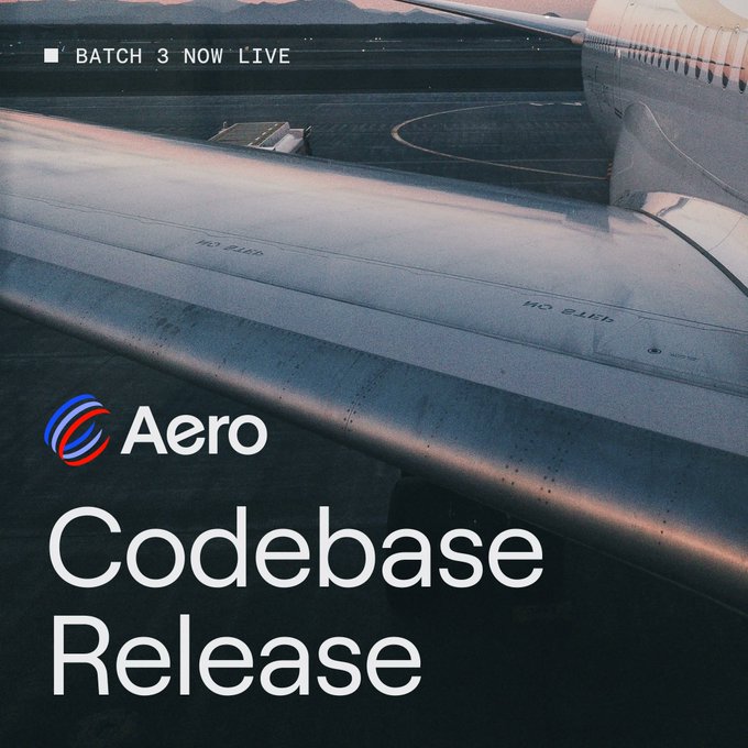An advertisement for Aero's Codebase Release, showing an airplane wing over an airport runway with text 'BATCH 3 NOW LIVE' and 'Aero Codebase Release'.