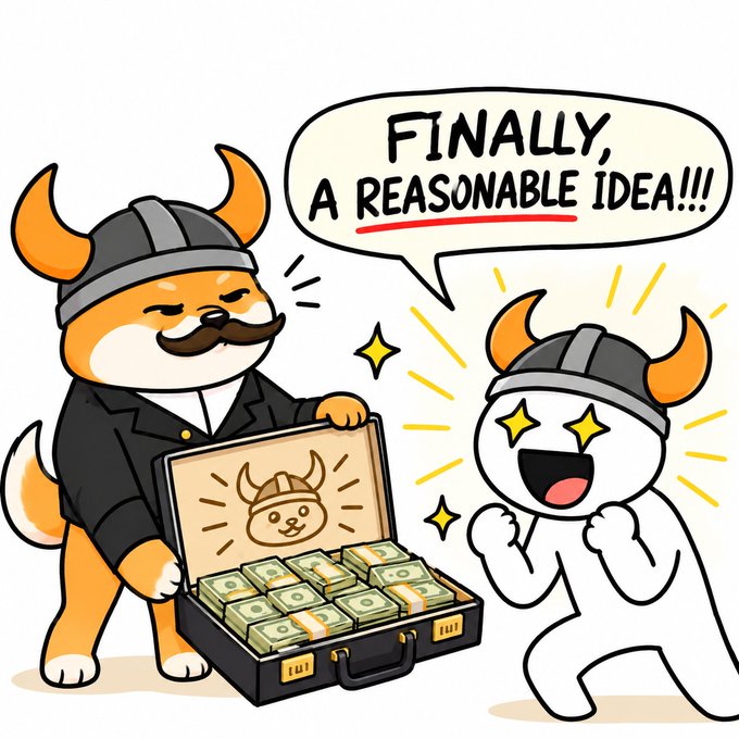 A cartoon Shiba Inu character in a Viking helmet opens a briefcase full of cash labeled with a Floki logo, while a smaller excited figure with starry eyes exclaims "FINALLY, A REASONABLE IDEA!!!" — celebrating $FLOKI as the sensible choice.