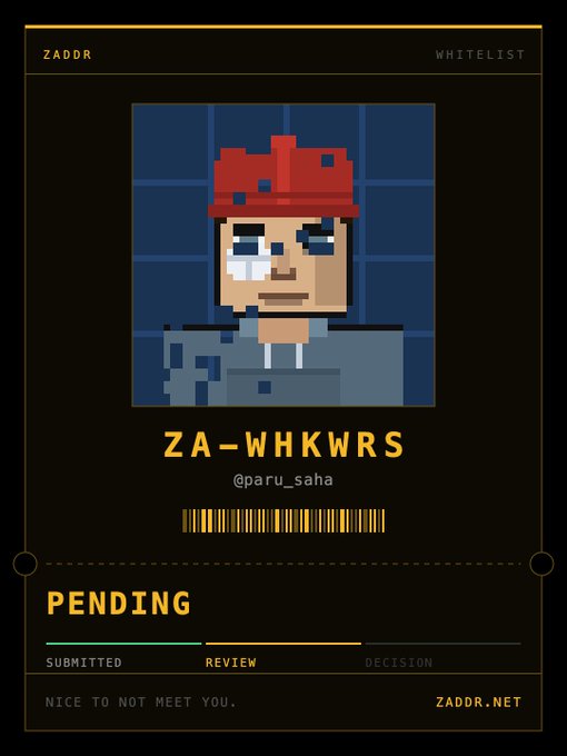 A digital "Zaddr" whitelist card displays a pixel-art portrait of a sad-looking man wearing a red cap, with the alphanumeric ticker "ZA-WHKWRS" and the handle "@paru_saha" shown below. The status reads "PENDING" with a progress bar at the "REVIEW" stage, aligning with the post about Zaddr nominations being live and the user awaiting review approval.