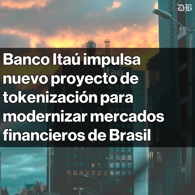 A cityscape at sunset featuring an Itaú bank building in the background, overlaid with Spanish text reading 'Banco Itaú impulsa nuevo proyecto de tokenización para modernizar mercados financieros de Brasil' (Banco Itaú promotes new tokenization project to modernize Brazil's financial markets), branded with the 'MB' logo.