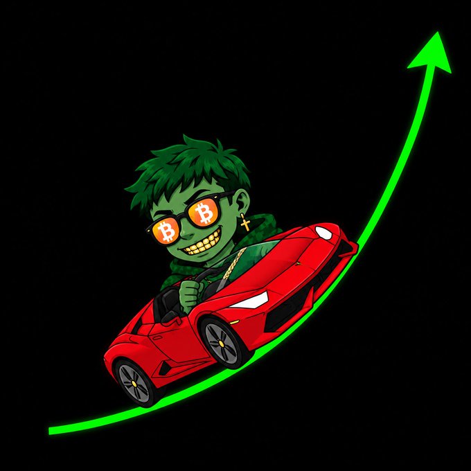 A cartoon illustration of a green-haired character wearing Bitcoin-themed sunglasses driving a red sports car up an ascending green arrow.