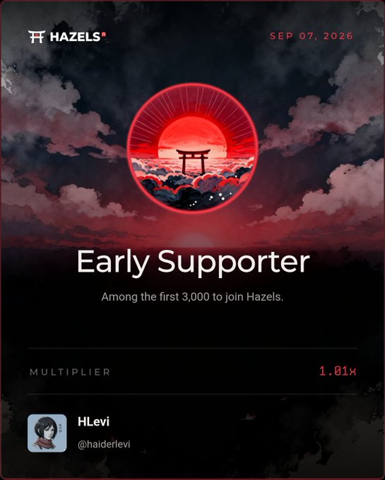 A digital card from "HAZELS" dated "SEP 07, 2026" recognizing "HLevi" (@haiderlevi) as an "Early Supporter" among the first 3,000 members with a 1.01x multiplier.