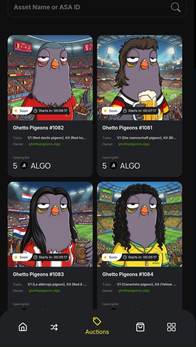 The user wants a concise caption for the image.
I need to identify the key elements:
- The image shows four digital collectibles (NFTs) displayed in a grid.
- Each collectible features a cartoon pigeon character in different outfits/colors, set against a stadium background.
- The collection name is "Ghetto Pigeons".
- There are specific IDs for each: #1082, #1081, #1083, #1084.
- The status is "Soon" with start times listed (e.g., 06:08:17, 06:07:17, 05:05:17, 05:05:17).
- The owner is "ALGO" for all four.
- The bottom navigation bar highlights "Auctions".
- The accompanying text mentions "4 new World cup edition Pigeons", "$ALGO", "$
