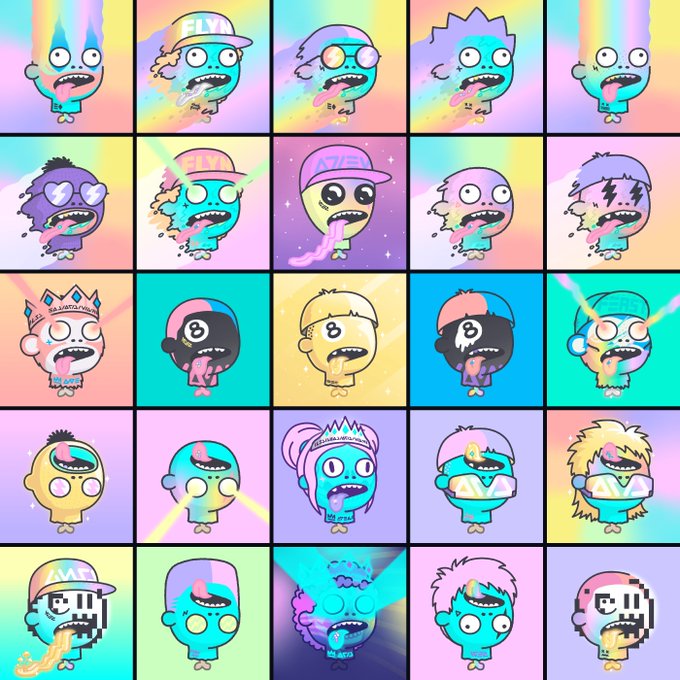 A grid of colorful cartoon character avatars with various hairstyles, hats, and expressions, each set against a pastel rainbow background.