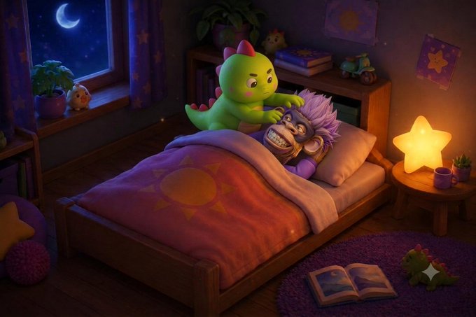 A small green dinosaur plush playfully pats the head of a purple-haired doll tucked into a star-patterned blanket in a cozy, moonlit bedroom, while a star-shaped lamp glows warmly beside the bed. The whimsical scene captures the soothing, childlike charm of the post's discussion about Sleepagotchi, blending themes of rest, comfort, and playful digital companionship.