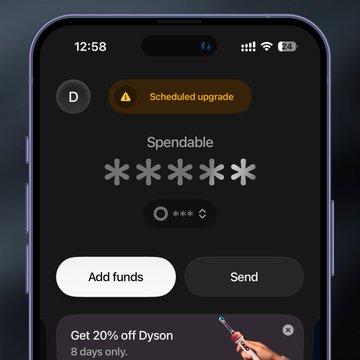 A smartphone screen displays a digital wallet app showing a "Spendable" balance of asterisks, an "Add funds" button, and a "Send" button, with a yellow "Scheduled upgrade" notification prominently displayed at the top. The image illustrates the user's experience of checking their Plasma One wallet after a recent update, highlighting the new scheduled maintenance notification feature.