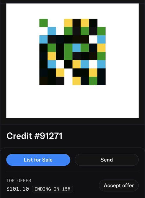 A digital marketplace listing for 'Credit #91271' showing a pixelated multicolored NFT with options to 'List for Sale' or 'Send', with a top offer of $101.10 ending in 15 minutes.