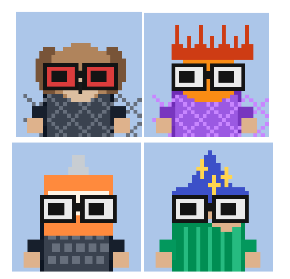 Pixel art illustrations of four characters wearing 3D glasses in different costumes and hairstyles on a light blue background.