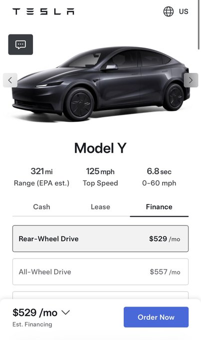 iphone screen displays a black Tesla Model Y with a white background, featuring details on its features and price.