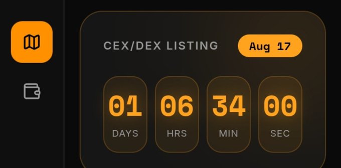 A countdown timer displays "01 days, 06 hrs, 34 min, 00 sec" until the CEX/DEX listing on August 17, aligning with the post's anticipation of $ORVX exchange listings that Monday.