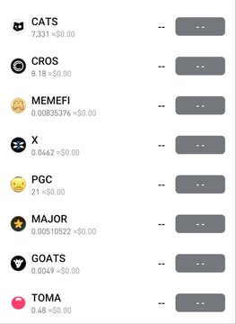 A screenshot of a crypto wallet showing airdrop token balances for CATS (7,331 ≈ $0.00), CROS, MEMEFI, X, PGC, MAJOR, GOATS, and TOMA. The image visually supports the claim that most of these once-profitable "free" airdrops have crashed to near-zero value, illustrating the post's point about profits being "almost dead."
