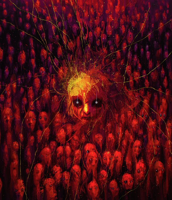 A dark, eerie painting featuring a pale central figure with glowing eyes surrounded by numerous red shadowy faces in a haunting, surreal composition.