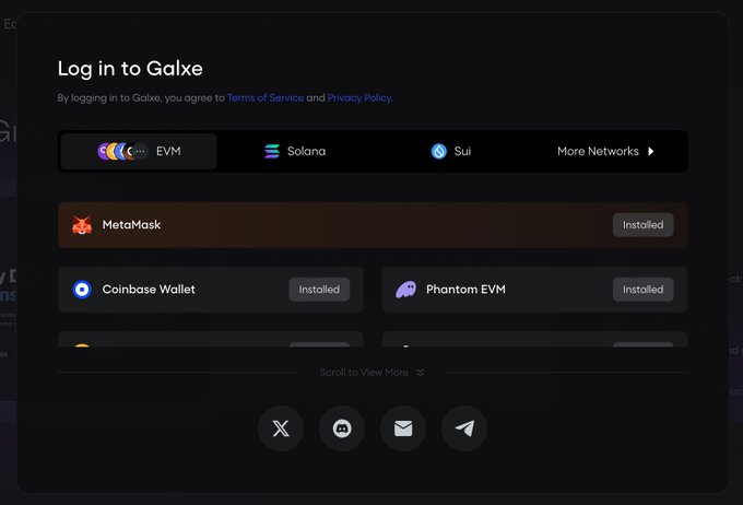 A login screen for Galxe where users can select networks like EVM, Solana, and Sui, and connect wallets such as MetaMask, Coinbase Wallet, and Phantom EVM.