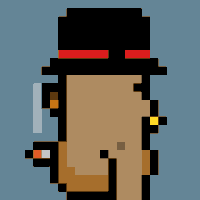 A pixel-art style character with brown skin, a black hat with red band, and a cigarette in its mouth, set against a solid blue background.