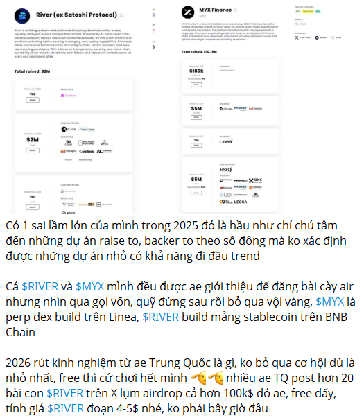 A Vietnamese crypto investor shares screenshots of two fundraising platforms—River (Satoshi Protocol) and MYX Finance—showing project portfolios with $2M and $5M total raises respectively, while discussing 2025 lessons from Chinese investors and recommending $RIVER on Binance Alpha as a potential airdrop opportunity following X (Twitter) mentions.
