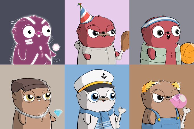 A grid of six digital character illustrations features various creatures in different outfits and poses, including one holding a drumstick, another with a basketball, one blowing pink bubblegum, and a seal in a sailor outfit.