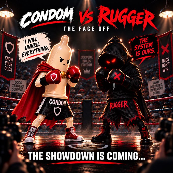 A boxing match promotional poster titled 'CONDOM vs RUGGER: THE FACE OFF' depicts an anthropomorphic condom in red boxing gloves facing off against a hooded figure with glowing red eyes in a boxing ring, with the text 'THE SHOWDOWN IS COMING...' at the bottom.