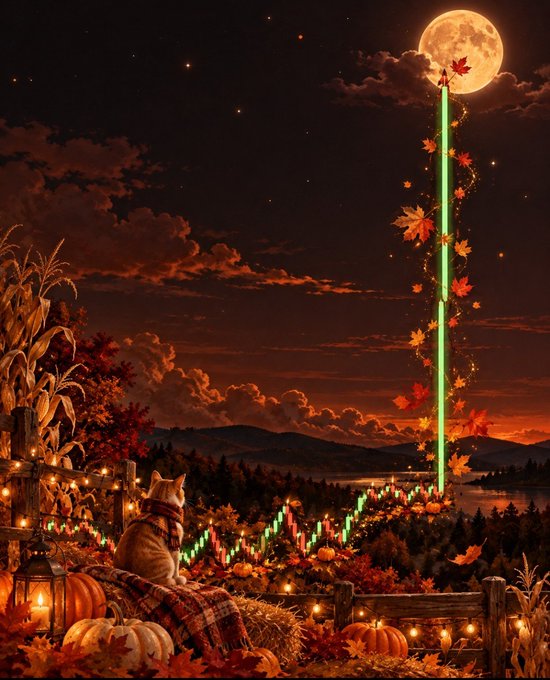An autumnal digital artwork showing a cat in a scarf looking at a landscape with a full moon, where a stock chart is integrated with a green line shooting up toward the moon surrounded by falling leaves.