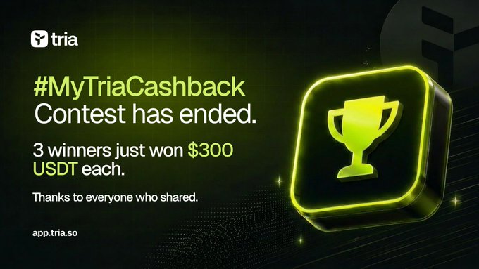The image features a large yellow trophy, which appears to be a 3D rendering of a gold cup or trophy. The text "MyTria Cashback Contest has ended" is displayed above the trophy, indicating that the contest has concluded. Below this information, there are three winners who have just won $300 each. The post also mentions that the winner's name can be found on the trophy itself.