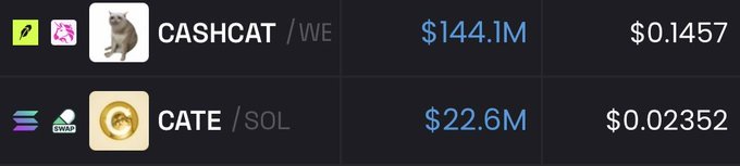 A cryptocurrency price listing displays CASHCAT/WE at $144.1M market cap ($0.1457) and CATE/SOL at $22.6M market cap ($0.02352) on a dark background.