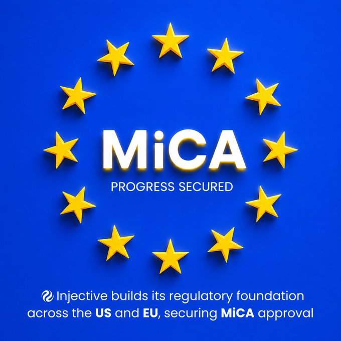 A bold blue graphic featuring 12 gold stars arranged in a circle—mirroring the EU flag—frames the white text "MiCA PROGRESS SECURED," with a caption below announcing that Injective has built its regulatory foundation across the US and EU, securing MiCA approval. The imagery reinforces the post's message of Injective's regulatory milestone, with the EU-inspired star ring symbolizing its MiCA compliance achievement.