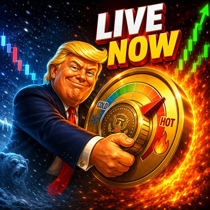 A cartoon caricature of Donald Trump in a suit and red tie points at a gauge labeled 'HOT' between 'COLD', with 'LIVE NOW' text above and stock chart graphics on either side.