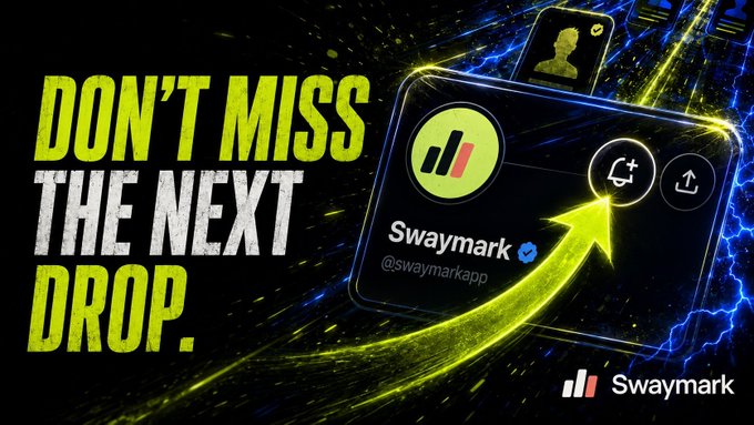 A promotional advertisement for Swaymark (@swaymarkapp) with the bold text 'DON'T MISS THE NEXT DROP.' featuring the app's profile card against a dark background with blue lightning and neon green accents.