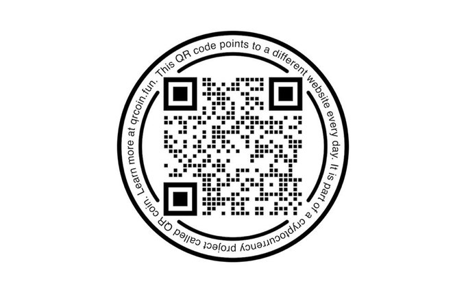 A circular QR code with text around the border stating 'This QR code points to a different website every day. It is part of a cryptocurrency project called QRcoin. Learn more at qrcoin.fun.'
