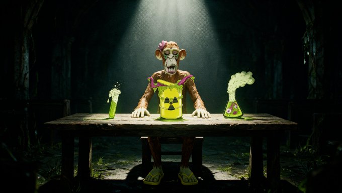 A surreal dark scene shows a monkey-like creature with a pink flower on its head sitting at a wooden table with glowing green beakers, one marked with a radiation symbol, under a single spotlight.