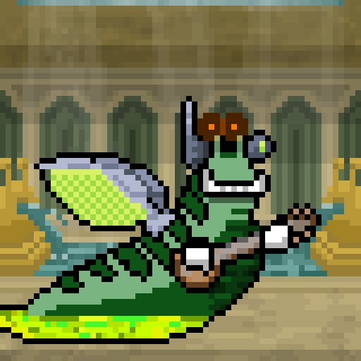 Pixel art depicting a green frog-like character with goggles, holding a weapon and a green checkered item, set in an ornate room.