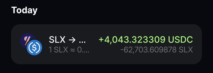Transaction summary screenshot titled 'Today' showing a swap of SLX tokens receiving '+4,043.323309 USDC' and sending '-62,703.609878 SLX'.