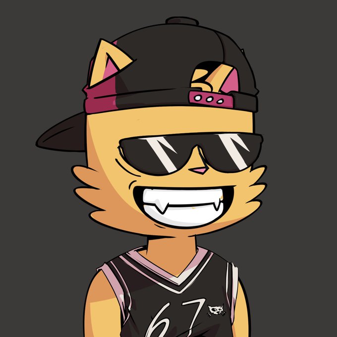 A cartoon orange cat character with a wide fanged grin, wearing black sunglasses, a black and pink snapback cap worn backwards, and a black jersey with the number "67" displayed on the front. The image aligns with the post's promotion of the @ODDCATSdotcom NFT collection, showcasing one of the stylized PFP characters from the new mint, while the playful, confident "goated" vibe of the character visually reinforces the hyped, limited-time, low-entry pitch described in the text.