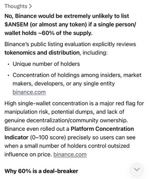 A text post titled 'Thoughts' discussing Binance's unlikely listing of tokens where a single wallet holds ~60% of the supply, citing Binance's public listing evaluation and platform concentration indicator concerns.