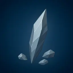 A low-poly illustration of a large gray crystal shard surrounded by smaller crystal fragments against a dark blue gradient background.