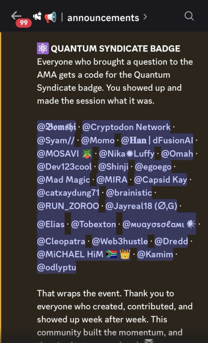 Discord announcement from a 'Quantum Syndicate Badge' channel listing community members (@Bomshi, @Cryptodon, @Syam, @Momo, @Han, etc.) who participated in an AMA session.