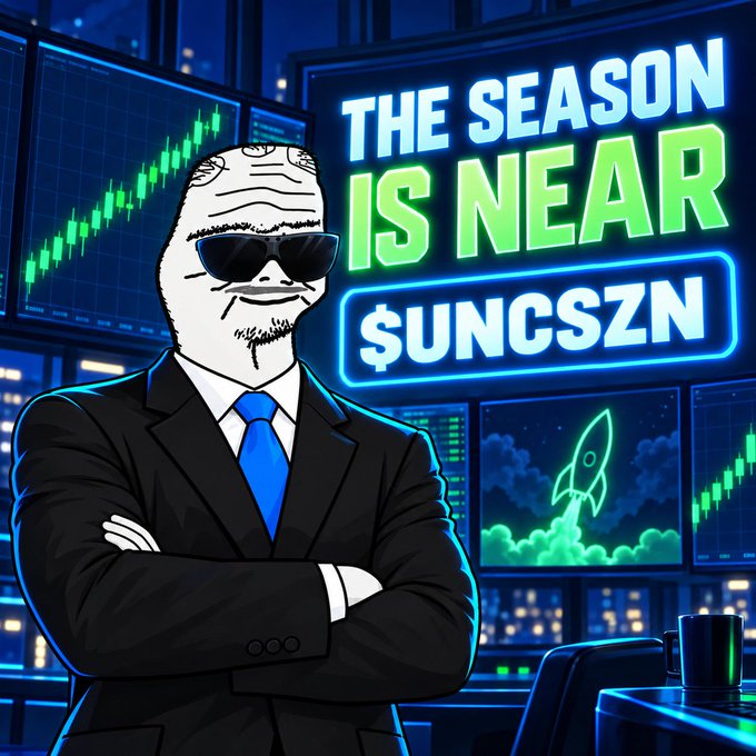 A digital illustration of a 'Doomer' meme character wearing sunglasses and a suit with crossed arms, standing in front of stock charts and a neon sign reading 'THE SEASON IS NEAR $UNCSZN'.