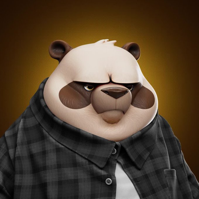 A stylized, stern-faced panda mascot in a dark plaid shirt appears against a brown background. The image accompanies a thank-you post to @SolanaSensei for gifting the panda, reportedly inspired by time spent playing “Panda Merge” on @solanamobile.