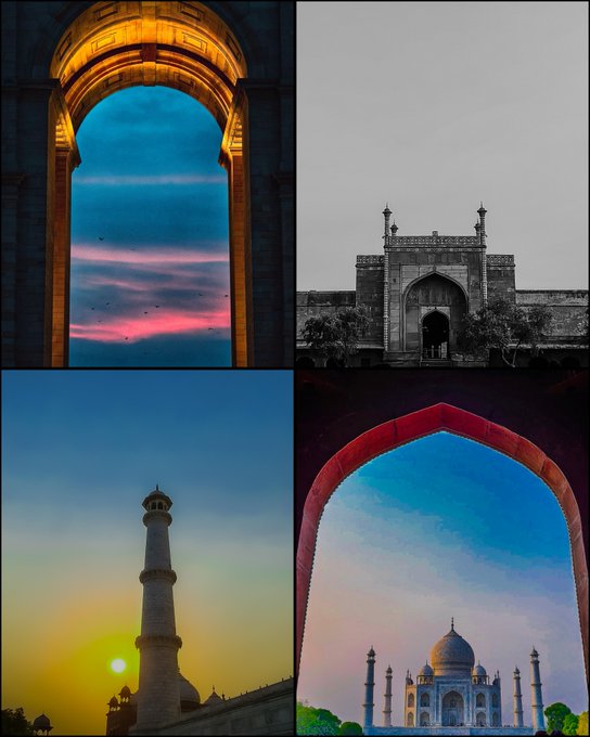 A four-panel collage features architectural photographs, including arches framing a sunset, a black-and-white view of a monumental gateway, a silhouette of a minaret at sunrise, and the Taj Mahal viewed through a red archway.