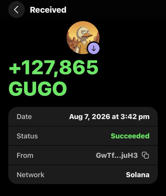 Mobile app screenshot showing a successful cryptocurrency transaction, displaying '+127,865 GUGO' received on August 7, 2026 at 3:42 pm on the Solana network from sender 'GwTf...juH3'.