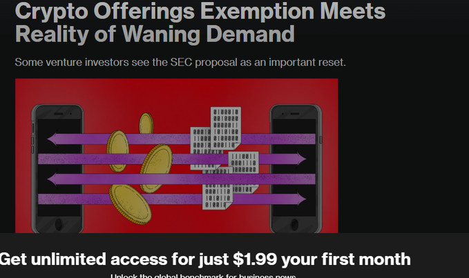 A news article screenshot with the headline 'Crypto Offerings Exemption Meets Reality of Waning Demand,' subtitled 'Some venture investors see the SEC proposal as an important reset,' accompanied by an illustration of coins and buildings passing between two smartphones, with a subscription prompt for $1.99.