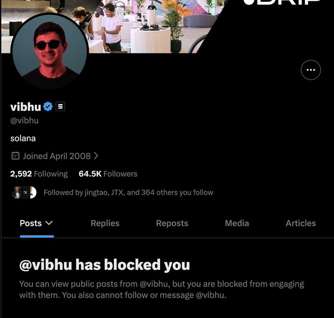 A Twitter profile for "vibhu" (@vibhu) shows bio text reading "solana," joined April 2008, with 64.5K followers, but displays a message that "@vibhu has blocked you," preventing engagement despite his association with the Solana ecosystem mentioned in the post about Solana powering Indian capital markets.